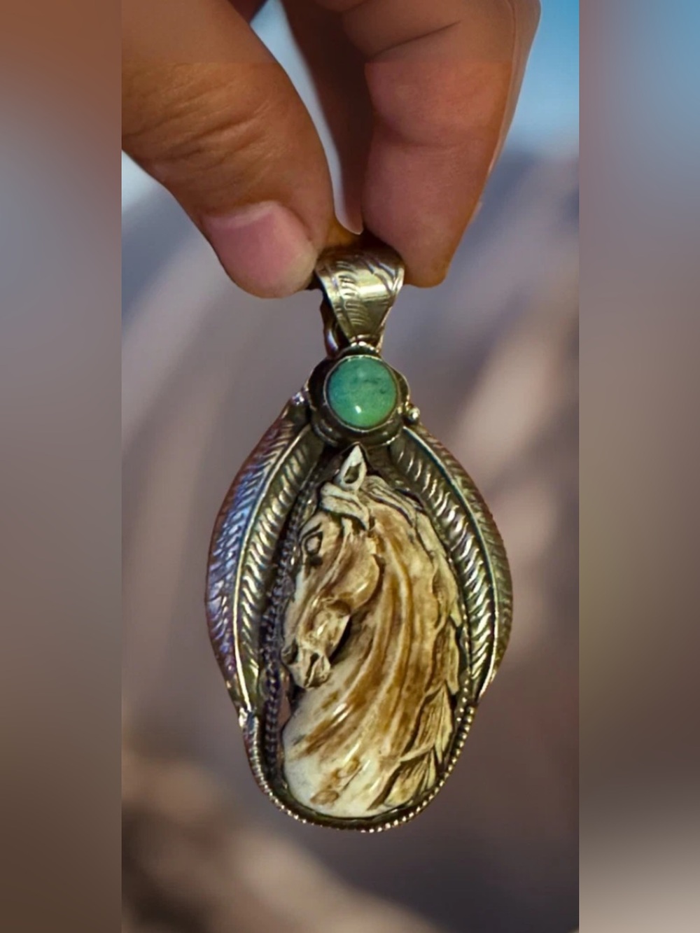 Hand Carved Bone Pendant,Horse Face Art,Natural Turquoise & Silver,3.7”in,32gram